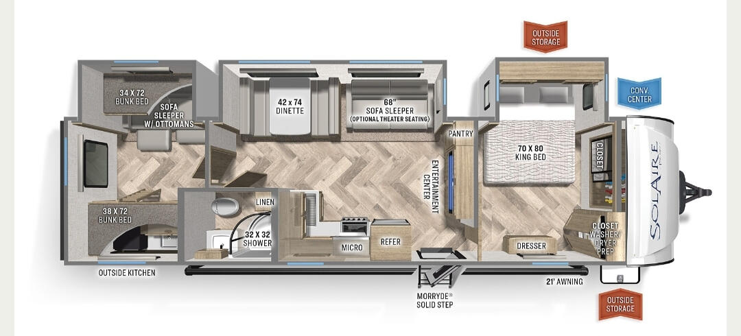 Rent Our RV Floor Plan and Dimensions rent an rv in austin texas, rv rental in dripping springs texas, rent our rv, rv rental, how much to rent an rv, wimberley, fredericksburg, lakeway, san antonio, georgetown, austin rv, seguin rv, rv with washer dryer, rv with kitchen, rv with shower, rent